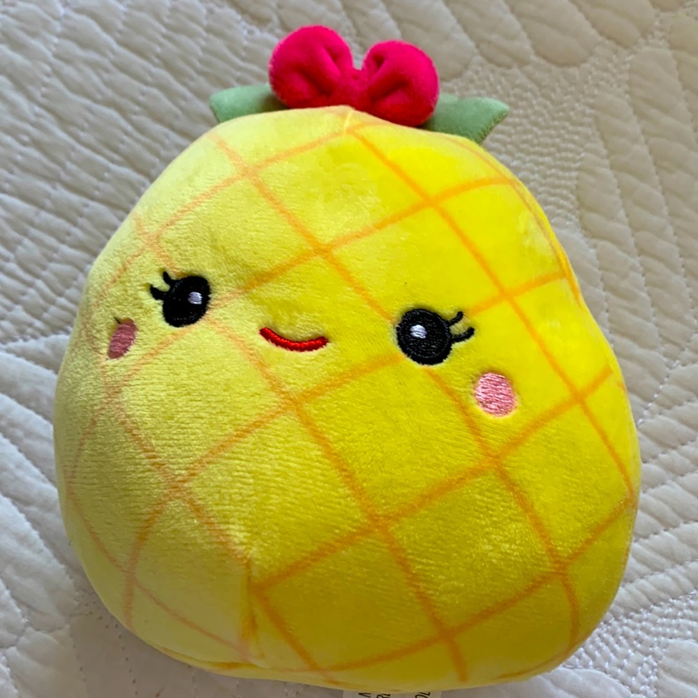 Pineapple Squishmallow 5” yellow plush with bright pink bow, pink cheeks NWOT
